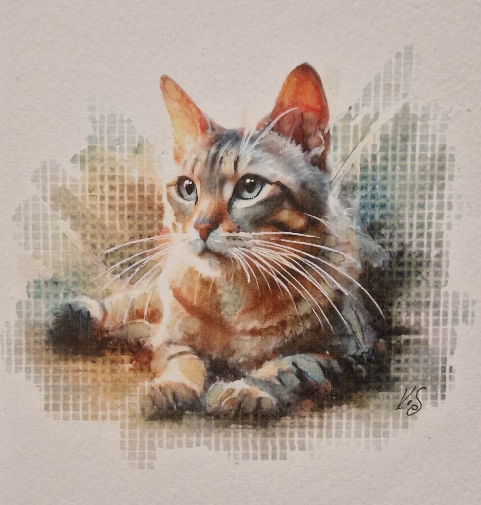 Watercolour pawtrait by Kerrel Deakin of a domestic cat (Felis catus) sitting alert against an abstract background.