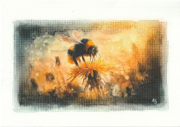 Watercolour painting by Kerrel Deakin of a Bumblebee (Genus: Bombus) feeding from a Common Dandelion flower (Taraxacum officinale) in an abstract landscape.