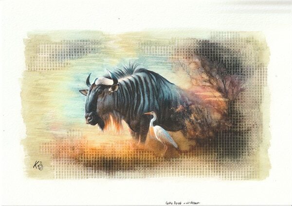 Watercolour painting by Kerrel Deakin of Cattle Egret (Genus: Ardea) with a Blue Wildebeest (Connochaetes taurinus) in an abstract landscape.