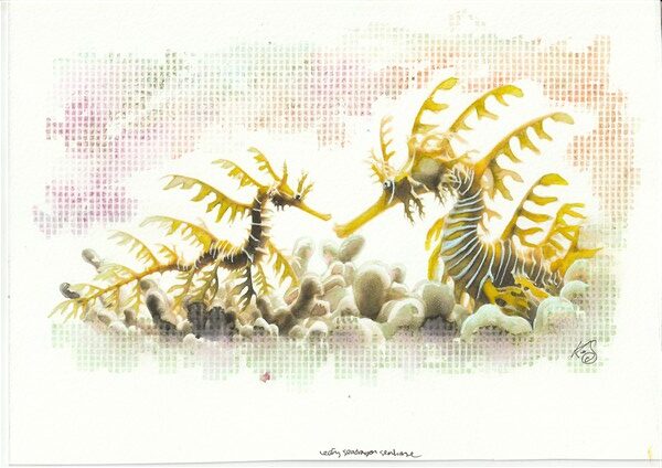 Watercolour painting by Kerrel Deakin of two Leafy Seadragon Seahorses (Phycodurus eques) in an abstract oceanic background.