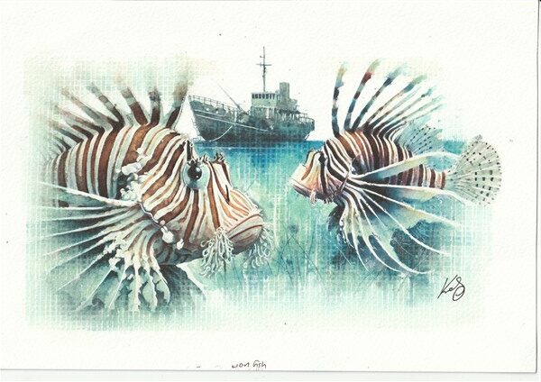 Watercolour painting by Kerrel Deakin of two Red Lionfish (Pterois volitans) with a trawler in the background.