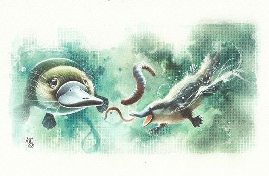 Watercolour painting by Kerrel Deakin of two Duck-Billed Platypodes (Ornithorhynchus anatinus) hunting worms in an abstract aquatic background.