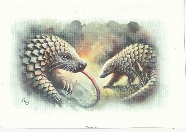Watercolour painting by Kerrel Deakin of two Pangolins (order: Pholidota) in an abstract landscape with dramatic clouds.