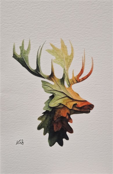 Watercolour painting by Kerrel Deakin of a Red Deer (Cervus elaphus) composed of oak leaves (Genus: Quercus).