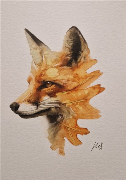 Watercolour painting by Kerrel Deakin of a Red Fox (Vulpes vulpes) morphing into abstract leaves.