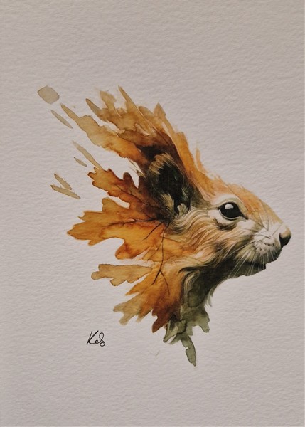Watercolour painting by Kerrel Deakin of a Red Squirrel (Sciurus vulgaris) morphing into abstract oak leaves (Genus: Quercus).