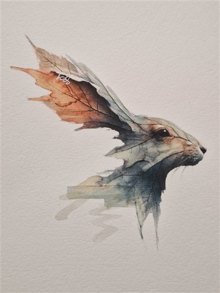 Watercolour painting by Kerrel Deakin of a European Hare (Lepus europaeus) in profile, morphing into an abstract leaf.