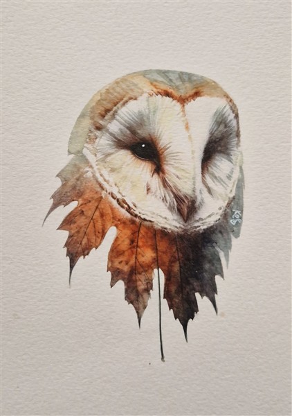Watercolour painting by Kerrel Deakin of a Western Barn Owl (Tyto alba) in quarter-profile, morphing into an abstract leaf.