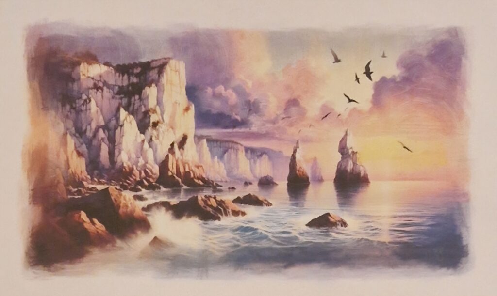 Watercolour painting by Kerrel Deakin of white sea cliffs and sea stacks under a dramatic cloudy sky with flying birds.