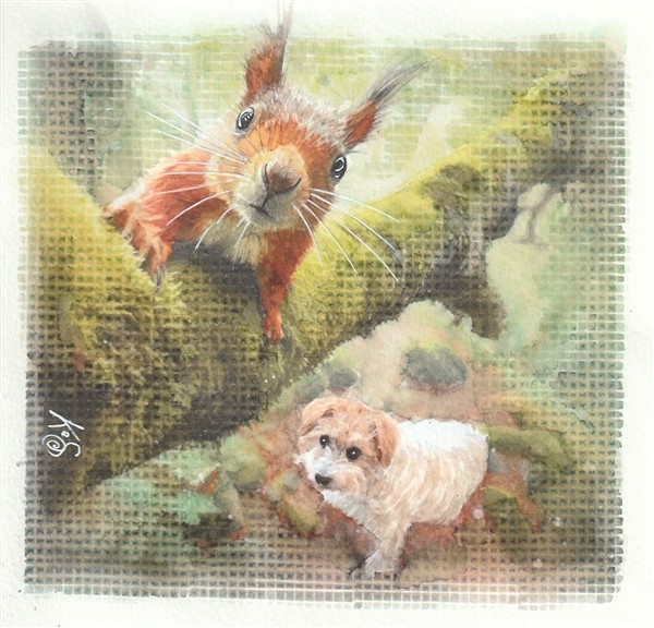 Watercolour painting by Kerrel Deakin of a mongrel dog (Canis familiaris) chasing an Eurasian Red Squirrel (Sciurus vulgaris) into a mossy tree in an abstract woodland landscape.