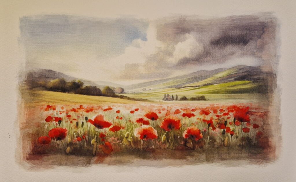 Watercolour painting by Kerrel Deakin of a field of poppies (Subfamily Papaveroideae) with large hills in the background under clouds.