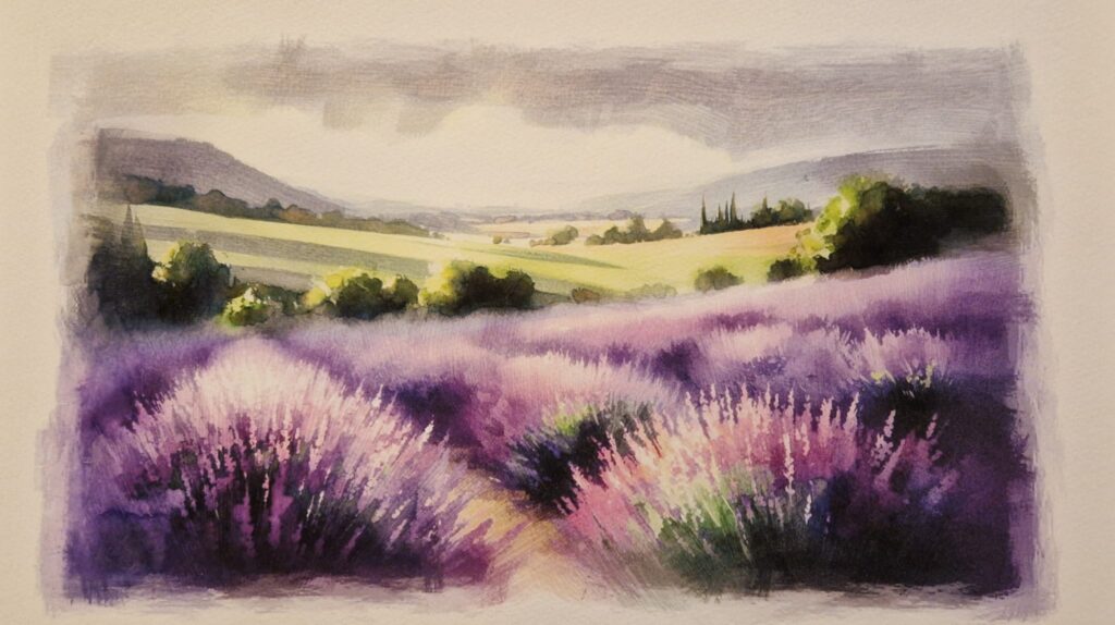 Watercolour painting by Kerrel Deakin of gentle hills with rows of lavender plants (Genus: Lavandula) reaching from the middle-ground to the foreground.