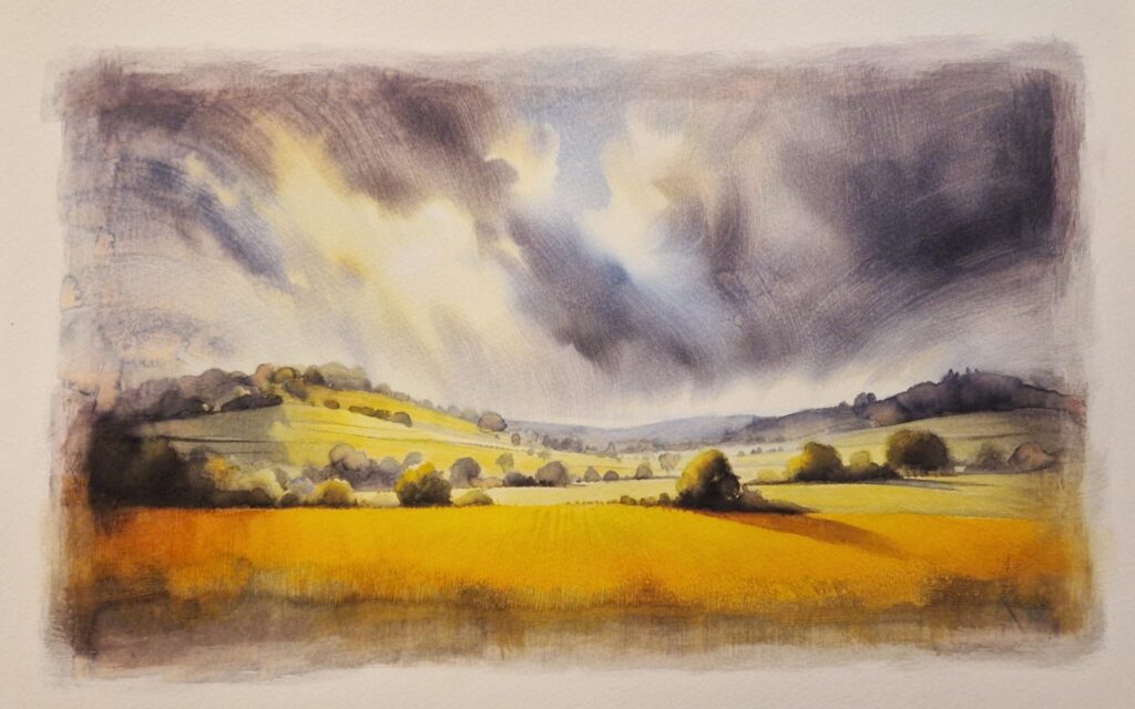 Watercolour painting by Kerrel Deakin of a view across a wheatfield to undulating hills with dramatic clouds.