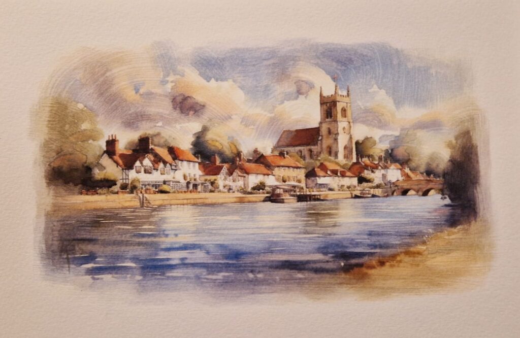 Watercolour painting by Kerrel Deakin of a village viewed across a calm river.