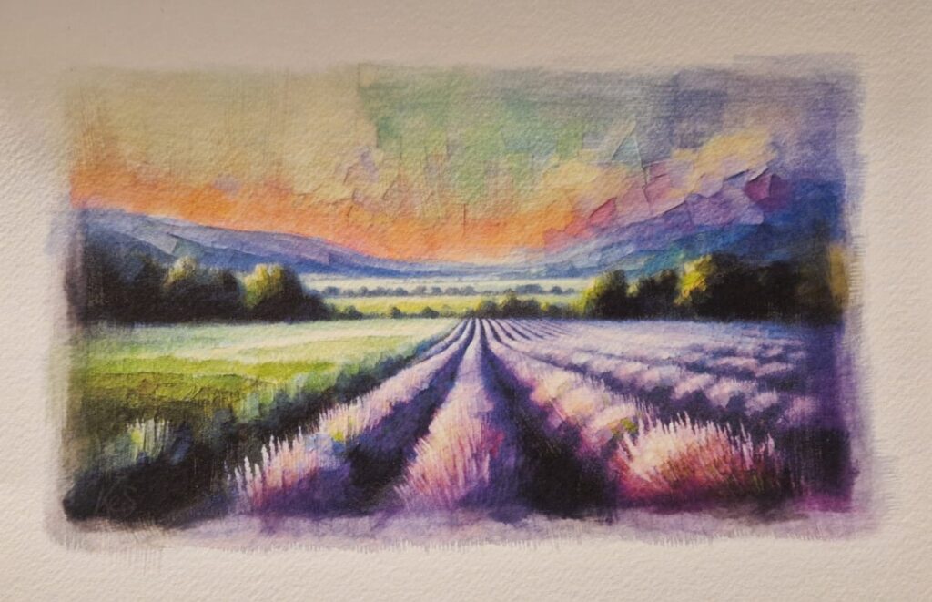 Watercolour painting by Kerrel Deakin of a field with rows of lavender plants (Genus: Lavandula) receding to the background.