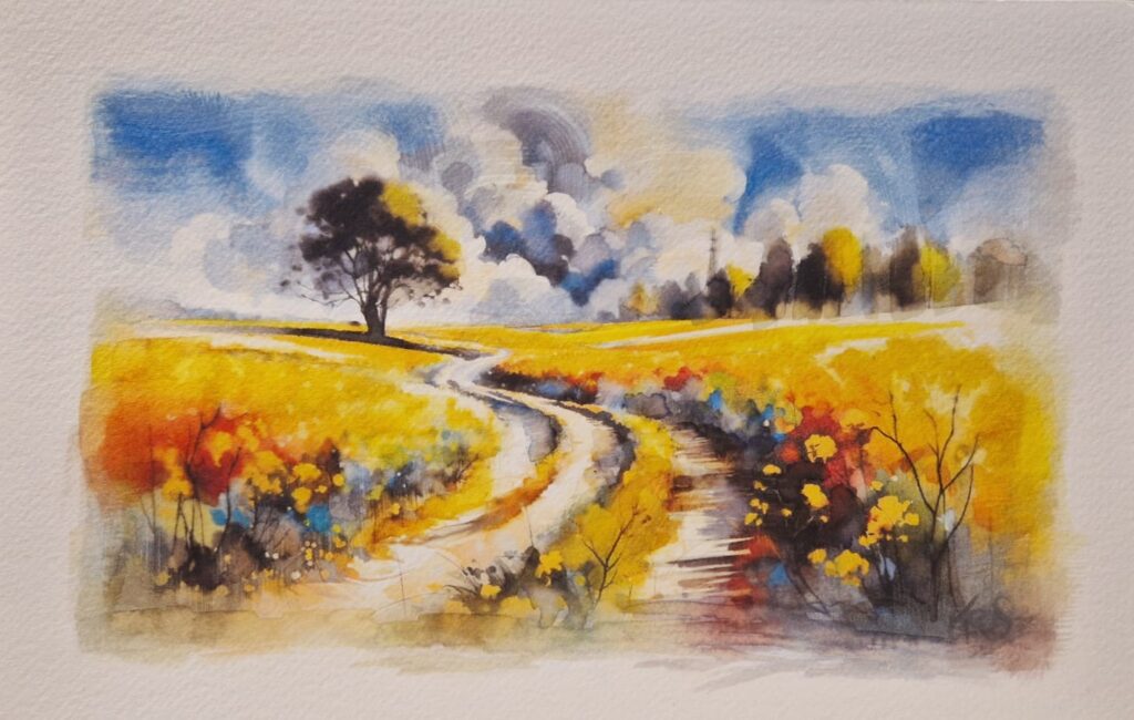 Watercolour painting by Kerrel Deakin of a rutted track winding through a meadow.