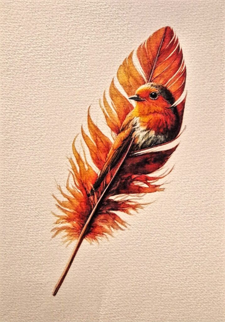 Abstract surrealist watercolour by Kerrel Deakin, of a European Robin (Erithacus rubecula) growing from a feather.