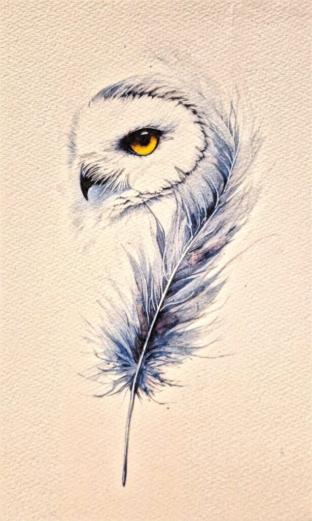 Abstract surrealist watercolour by Kerrel Deakin, of a Snowy Owl (Bubo scandiacus) growing from a feather.