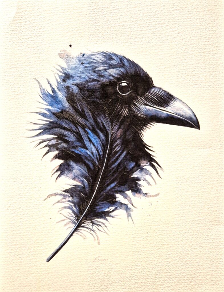 Abstract surrealist watercolour by Kerrel Deakin, of a Carrion Crow (Corvus corone) growing from a feather.