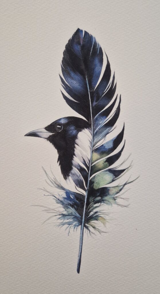 Abstract surrealist watercolour by Kerrel Deakin, of a Eurasian Magpie (Pica pica) growing from a feather.