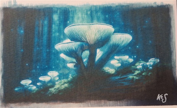 Miniature watercolour painting by Kerrel Deakin, of a cluster of a cluster of bioluminescent mushrooms growing in a dark abstract forest background.