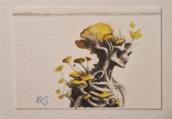 Miniature abstract surrealist watercolour by Kerrel Deakin, of a human skeleton growing yellow fungus from the head and torso.