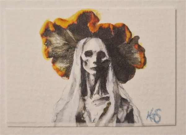 Miniature surrealist watercolour by Kerrel Deakin, of a skeletal figure with a large golden mushroom in its head, akin to a sunhat.