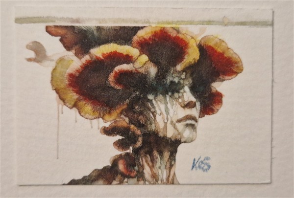 Miniature abstract surrealist watercolour by Kerrel Deakin, of a young woman metamorphosing into a cluster of mushrooms.