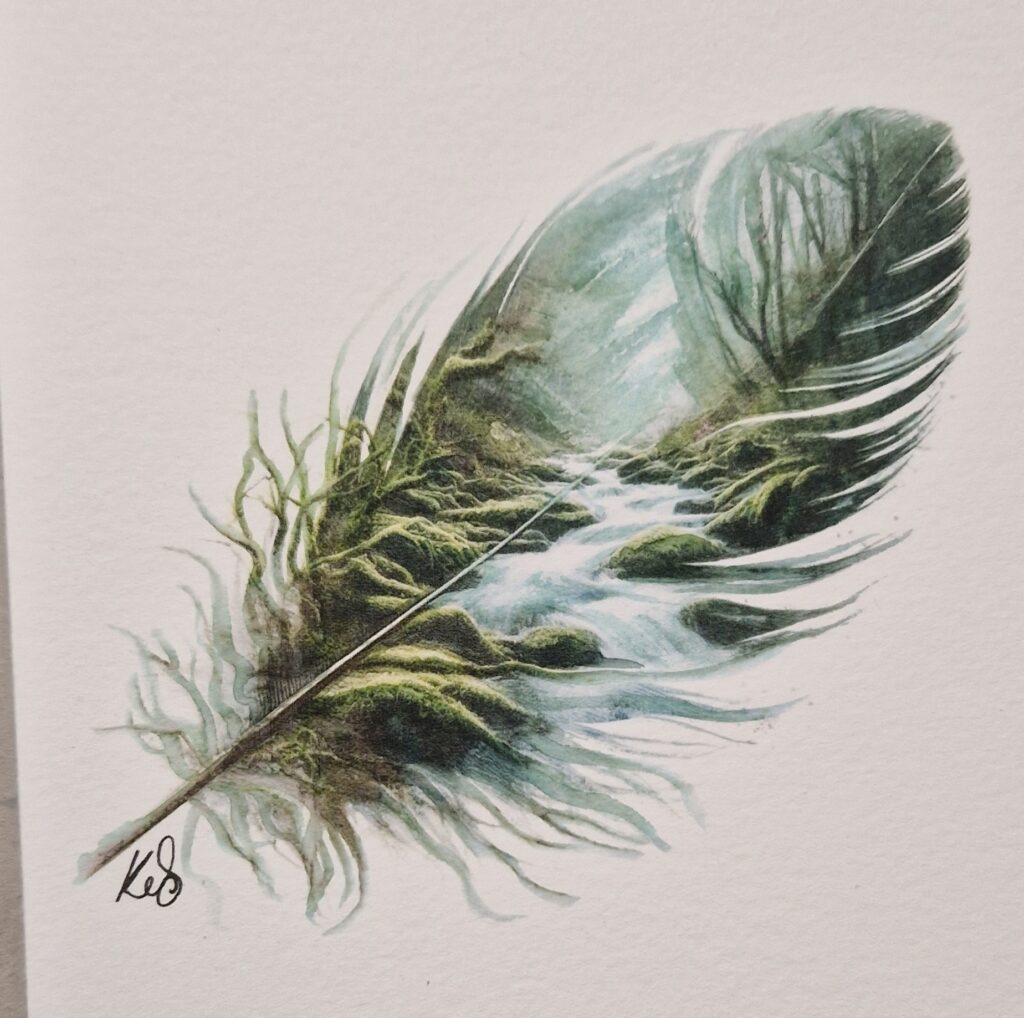 Abstract surrealist watercolour by Kerrel Deakin, showing a woodland stream superimposed over a bird's feather.