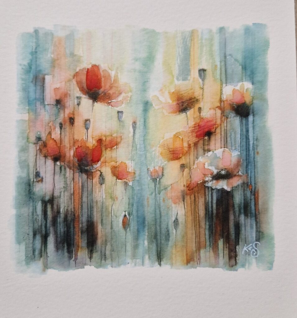 Abstract surrealist/impressionist watercolour by Kerrel Deakin, of a field of poppies (family Papaveraceae) against a multicoloured vertically striated background.