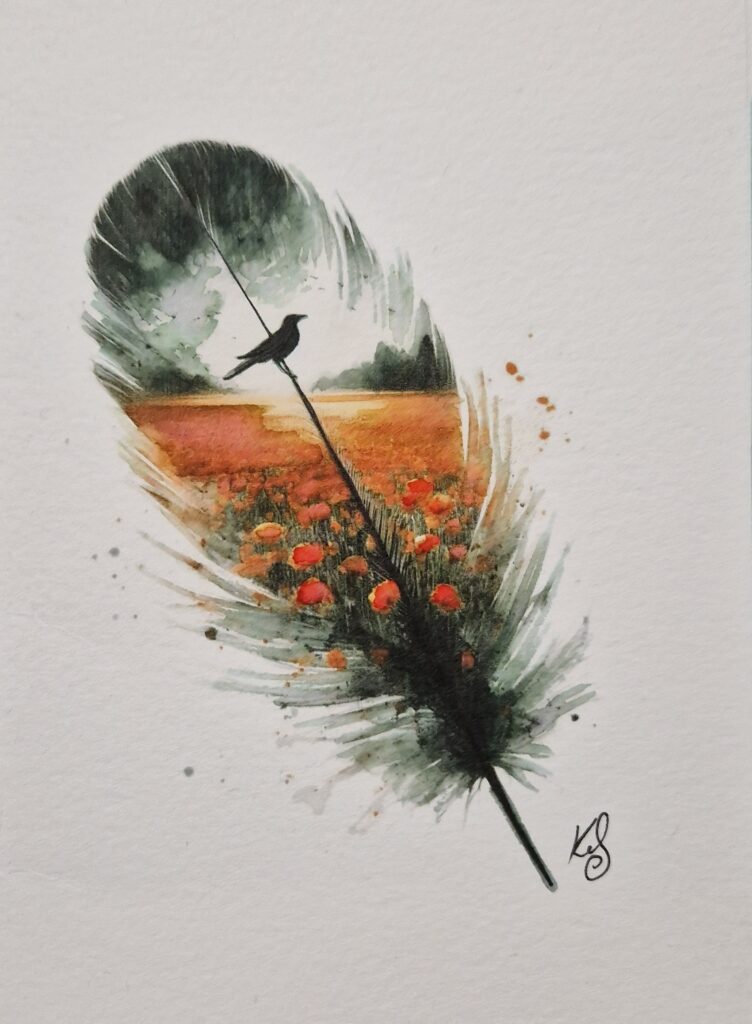 Abstract surrealist/impressionist watercolour by Kerrel Deakin, of a Carrion Crow (Corvus corone) perched on a wire above a field of poppies (family Papaveraceae) with dramatic black clouds in the distance, all superimposed over a bird's feather.