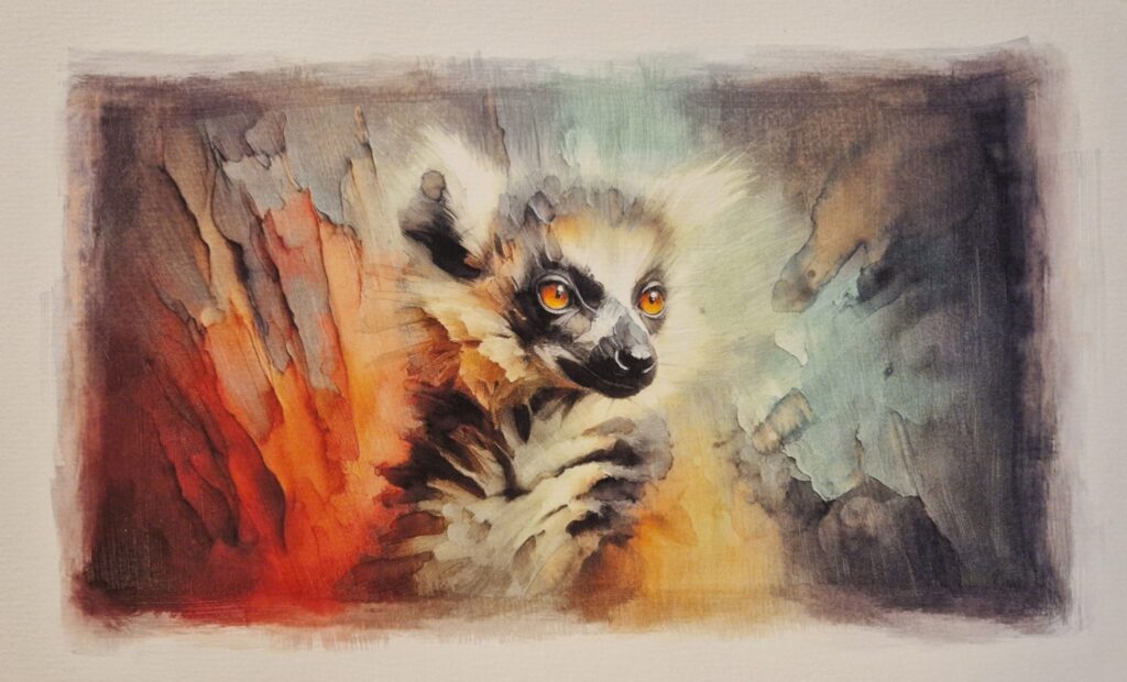 Abstract surrealist/impressionist watercolour by Kerrel Deakin, of a Ring-Tailed Lemur (Lemur catta) in a vibrant multicoloured background.
