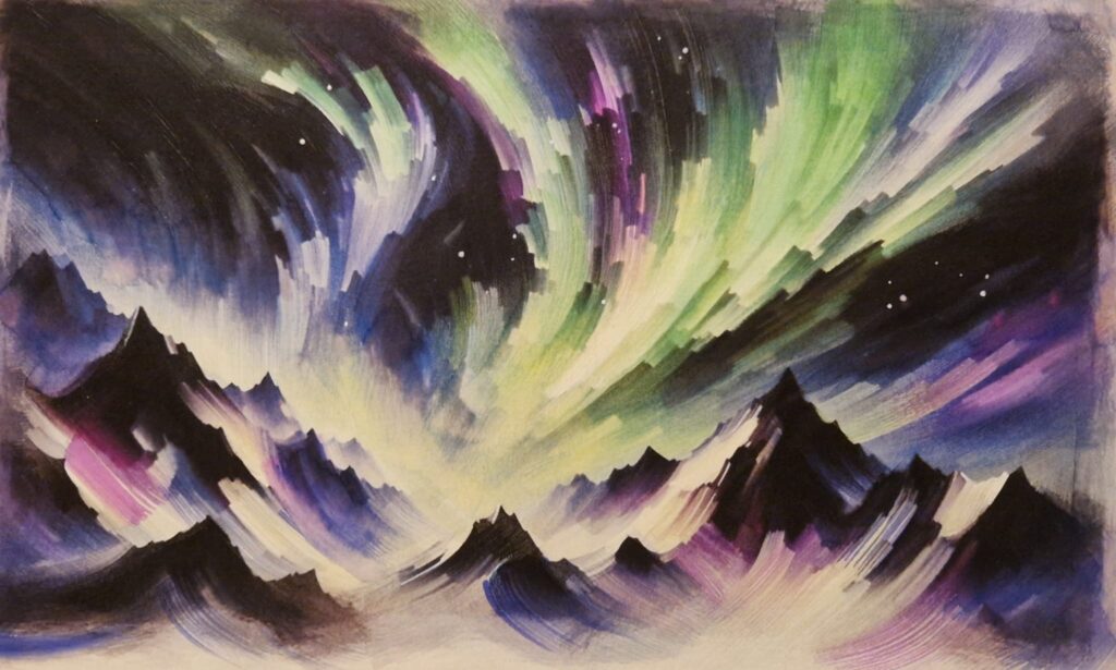 Abstract surrealist/impressionist watercolour by Kerrel Deakin, of the aurora borealis over a rugged mountainous landscape.