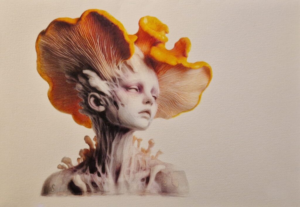 Abstract surrealist watercolour by Kerrel Deakin, of a young woman with pupil-less eyes metamorphosing into a Golden Chanterelle mushroom (Cantharellus cibarius).