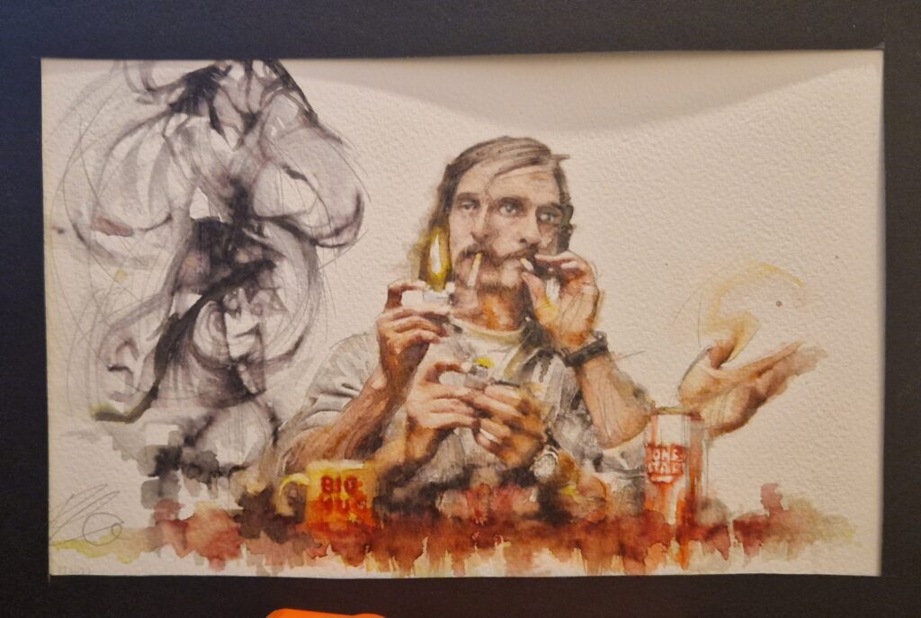 Abstract surrealist watercolour by Kerrel Deakin, of a moustachioed man in two superimposed poses lighting a cigarette and smoking.