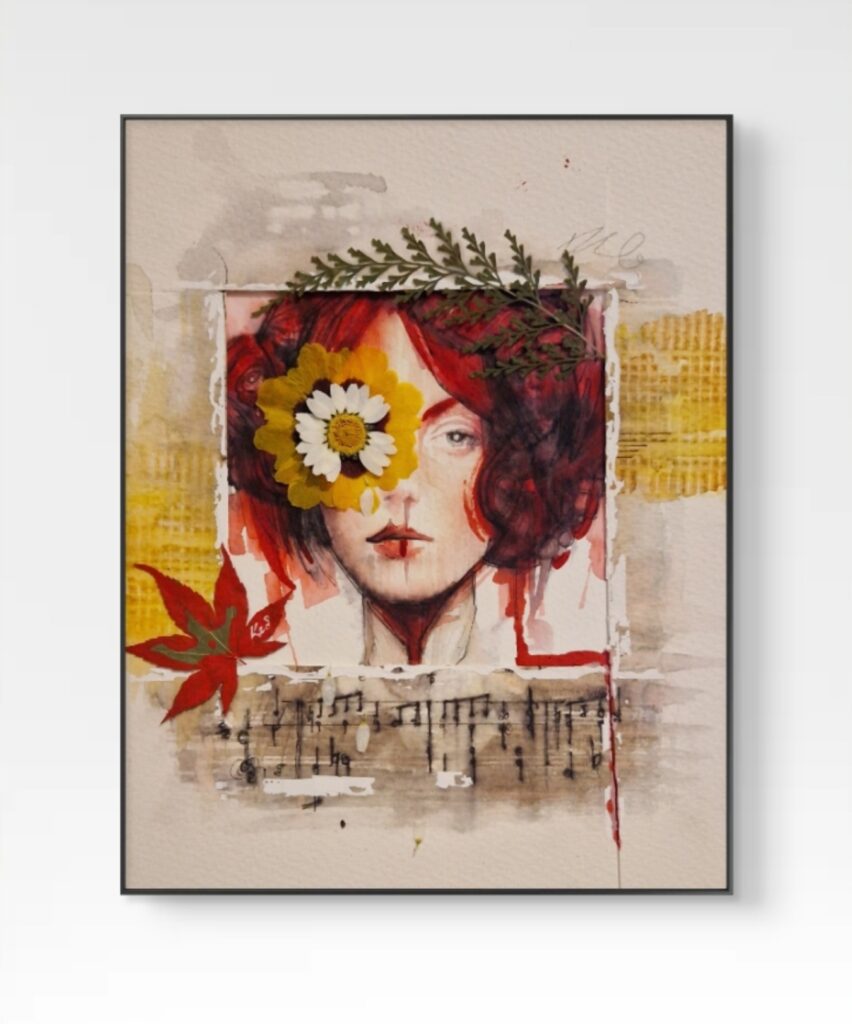 Abstract surrealist watercolour by Kerrel Deakin, of a young woman with red hair partially obscured by a daisy and some leaves, with written music beneath.